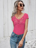 Summer short-sleeved t-shirt female simple slim hollow round neck solid color ladies top