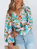 Printed V-neck lantern long-sleeved loose casual shirt