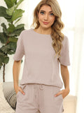 Women's Short Sleeve Loungewear Solid Color Casual Waffle Two-Piece Set