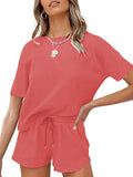 Women's Short Sleeve Loungewear Solid Color Casual Waffle Two-Piece Set