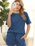 Women's Short Sleeve Loungewear Solid Color Casual Waffle Two-Piece Set