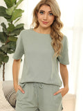 Women's Short Sleeve Loungewear Solid Color Casual Waffle Two-Piece Set