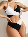 Women's solid color color block thick pit strip cross strap high waist bikini