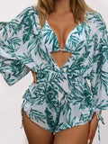 Women's Tropical Print Tie High Waist Bikini Three-Piece Set