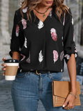 Women's Woven V-Neck Feather Print Cropped Sleeve Loose Blouse