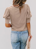 New round neck solid color button loose top T-shirt shirt