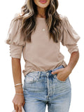 New round neck solid color button loose top T-shirt shirt