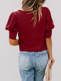 New round neck solid color button loose top T-shirt shirt