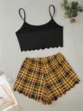 Women's Letter HONEY Printed Camisole + Plaid Printed Shorts Homewear Set