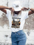 Women's Casual Short Sleeve Tops Highland Cow Western Cowboy Vintage Athletic T-Shirt