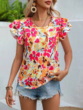 Women's Summer New Fashion Floral Print Double Layer Feifei Short Sleeve Shirt