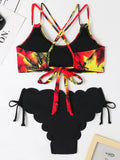 New Multicolor Coconut Tree Printing Laser Cut Flower Petals Bottoms Ladies Split Bikini Swimsuit