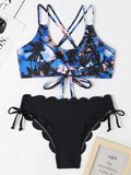 New Multicolor Coconut Tree Printing Laser Cut Flower Petals Bottoms Ladies Split Bikini Swimsuit