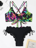 New Multicolor Coconut Tree Printing Laser Cut Flower Petals Bottoms Ladies Split Bikini Swimsuit