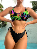 New Multicolor Coconut Tree Printing Laser Cut Flower Petals Bottoms Ladies Split Bikini Swimsuit