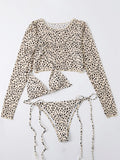 New swimwear long-sleeved mesh jacket ladies three-piece swimsuit leopard print sexy bikini