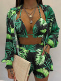 Sexy printed long-sleeved shirt and shorts three-piece suit