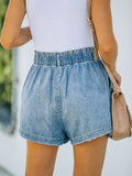 Women's Solid Color Elasticated Waist Pocket Straight Leg Washed Denim Shorts