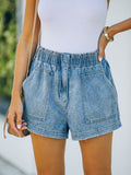 Women's Solid Color Elasticated Waist Pocket Straight Leg Washed Denim Shorts