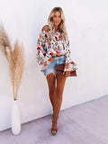 New print one-shoulder bell sleeve high waist all-match top