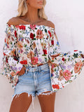 New print one-shoulder bell sleeve high waist all-match top