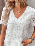 Summer new short-sleeved lace V-neck loose sweet pullover T-shirt