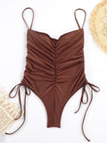 New drawstring one-piece swimsuit solid color pleated sexy suspender bikini