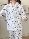 New women's sweet and cute style pure cotton gauze pajamas thin long-sleeved trousers home wear set