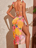 Feminine ruffled floral print cover-up three-piece bikini