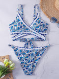 Women's cross-string digital print hook-and-edge split swimsuit