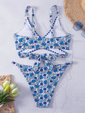 Women's cross-string digital print hook-and-edge split swimsuit