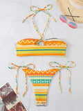 New style halterneck lace-up adjustable briefs printed multi-color split bikini