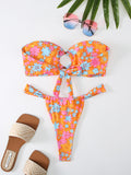 New floral plaid print bandeau bikini