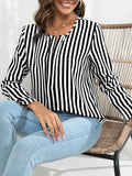 Women's Long Sleeve Round Neck Striped Print Top blouse