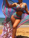 New Bikini Digital Printed Swimsuit Shawl Beach High Waist Swimsuit Three Piece Set