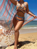 New Bikini Digital Printed Swimsuit Shawl Beach High Waist Swimsuit Three Piece Set