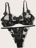 New sexy and sweet mesh embroidered flower appliqué bra set