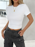 New solid color top, waisted, short, slim fit, navel-baring T-shirt