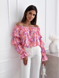 Women's one-shoulder printed lantern sleeve shirt top