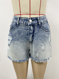 New gradient denim shorts for women high waist slimming raw edge hot pants