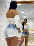 New gradient denim shorts for women high waist slimming raw edge hot pants