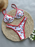 Sexy Gathered Cherry Print Two-Piece Swimsuit for Women