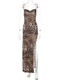 New Fashion Leopard Print Slim Backless Chain Strap Midi Dress