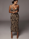 Suspender Sleeveless V-neck Leopard Snake Print Dress Fashion Sexy Midi Dress