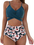 New Cross Strap High Waist Printed Two-Piece Women's Bikini Swimsuit