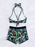 Splicing print halter neck split bikini bikini sexy high waist swimsuit