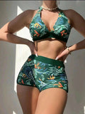 Splicing print halter neck split bikini bikini sexy high waist swimsuit