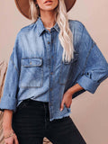 New Retro Loose Denim Shirt Drop Shoulder Blue Large Pocket Shirt