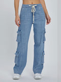 New Street Wash Overalls Multi-Pocket Wide-Leg Lace-Up Jeans