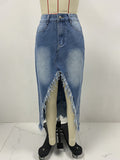 New high waist irregular raw edge denim skirt for women old washed skirt